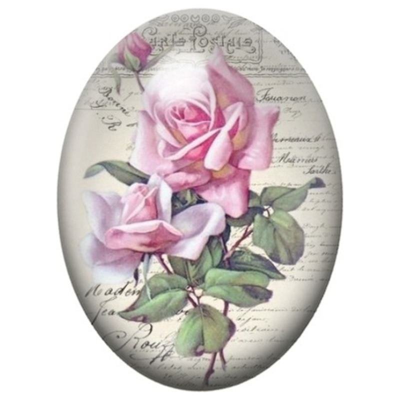 Cabochon en Verre Illustré Roses Roses sur Manuscrit Ancien 13x18, 18x25 ou 30x40mm