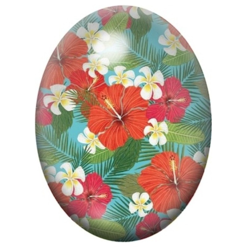 Cabochon en Verre Illustré Hibiscus Rouges et Frangipaniers sur Fond Vert 13x18, 18x25 ou 30x40mm