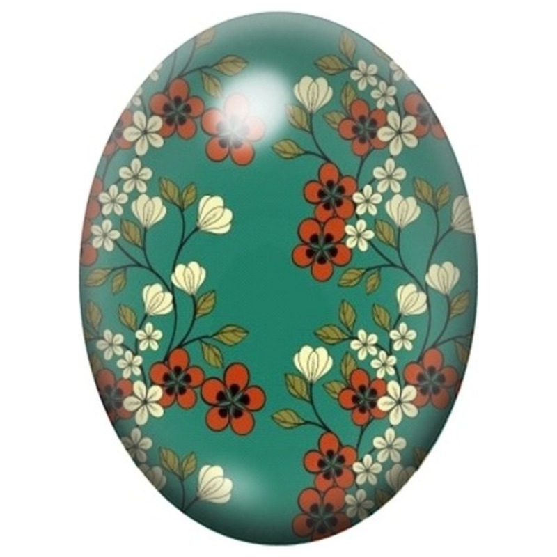 Cabochon en Verre Illustré Petites Fleurs Orange sur Fond Turquoise 13x18, 18x25 ou 30x40mm