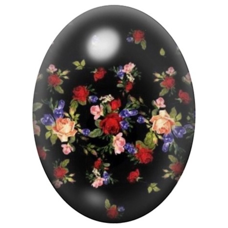 Cabochon en Verre Illustré Couronne de Roses Multicolores sur Fond Noir 13x18, 18x25 ou 30x40mm