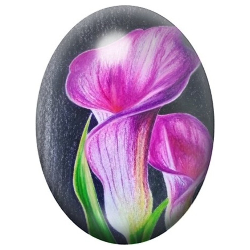 Cabochon en Verre Illustré Arums Violets sur Fond Noir 13x18, 18x25 ou 30x40mm