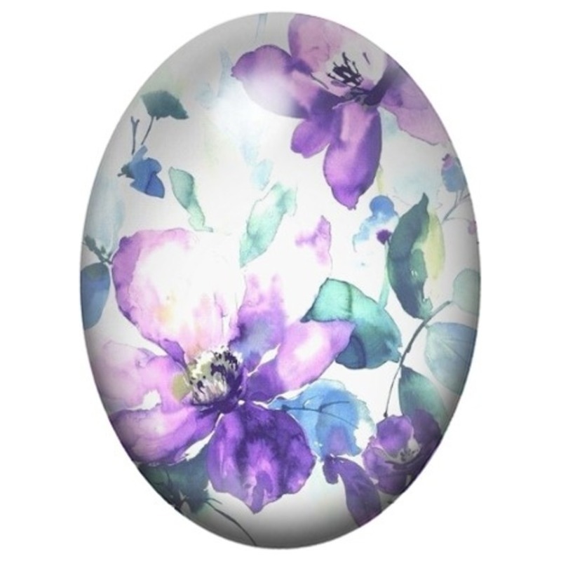 Cabochon en Verre Illustré Fleurs Aquarelle Violettes et Turquoise 13x18, 18x25 ou 30x40mm