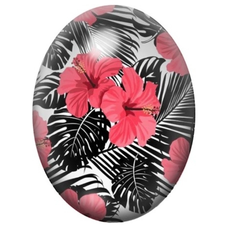 Cabochon en Verre Illustré Hibiscus Roses et Feuillage Noir et Blanc 13x18, 18x25 ou 30x40mm