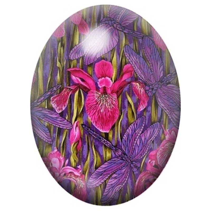 Cabochon en Verre Illustré Iris Roses et Violets 13x18, 18x25 ou 30x40mm