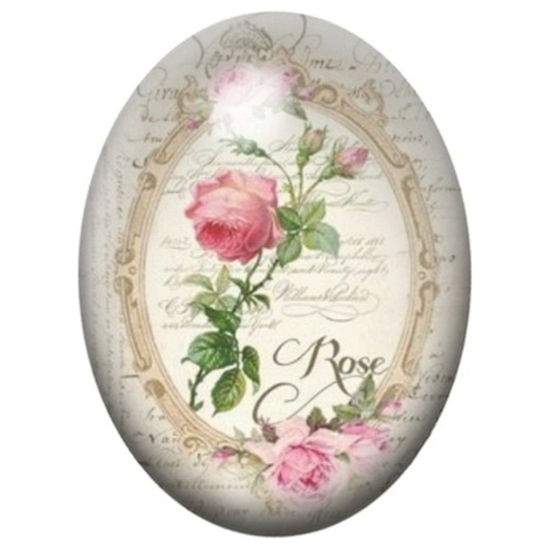 Cabochon en Verre Illustré Rose Vintage dans un Médaillon 13x18, 18x25 ou 30x40mm