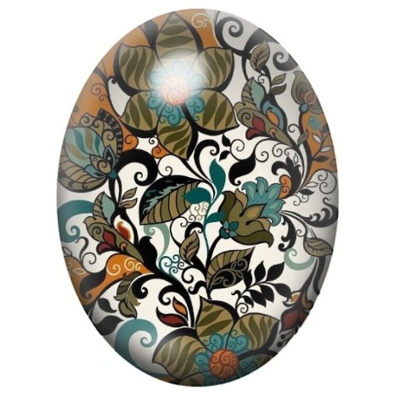 Cabochon en Verre Illustré Motif Floral Baroque Bleu et Ocre 13x18, 18x25 ou 30x40mm