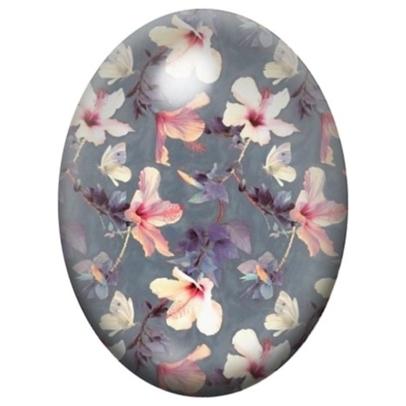 Cabochon en Verre Illustré Papillons et Fleurs Pastel sur Fond Gris 13x18, 18x25 ou 30x40mm