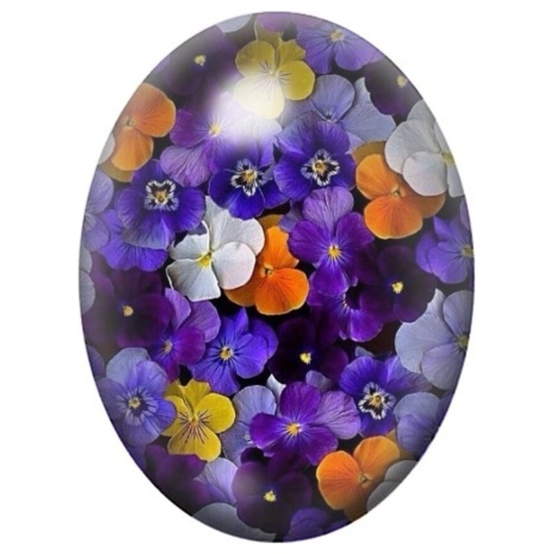 Cabochon en Verre Illustré Pensées Violettes et Orange 13x18, 18x25 ou 30x40mm
