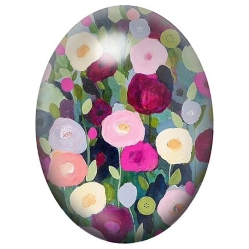 Cabochon en Verre Illustré Fleurs Rondes Roses et Bordeaux 13x18, 18x25 ou 30x40mm