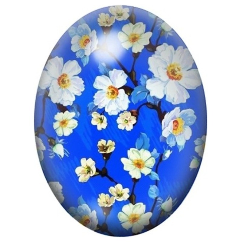 Cabochon en Verre Illustré Fleurs de Cerisier Blanches sur Fond Bleu 13x18, 18x25 ou 30x40mm