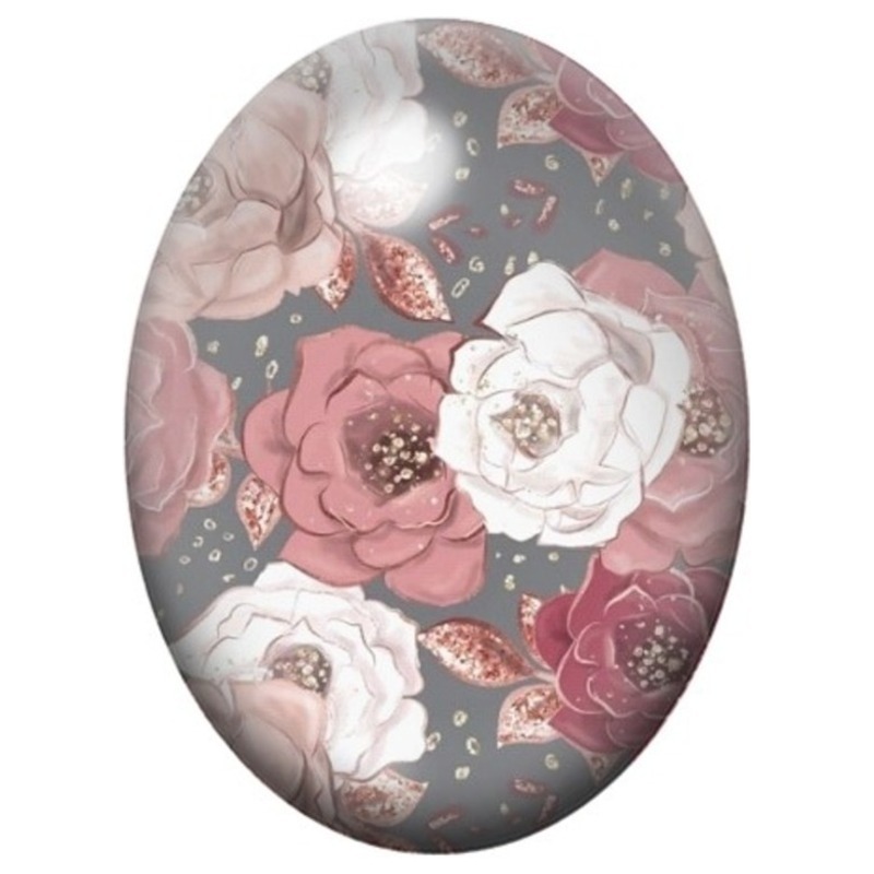 Cabochon en Verre Illustré Roses Poudrées et Papillons 13x18, 18x25 ou 30x40mm