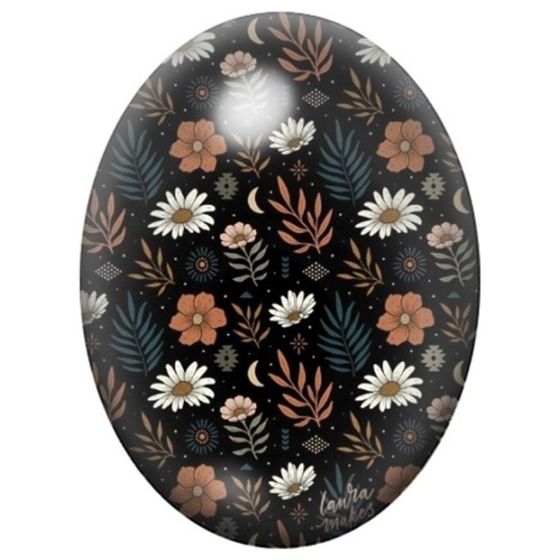 Cabochon en Verre Illustré Petites Marguerites sur Fond Noir 13x18, 18x25 ou 30x40mm