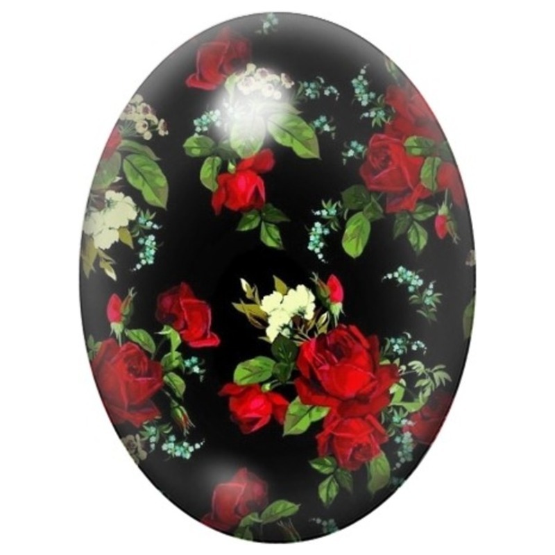 Cabochon en Verre Illustré Couronne de Roses Rouges sur Fond Noir 13x18, 18x25 ou 30x40mm