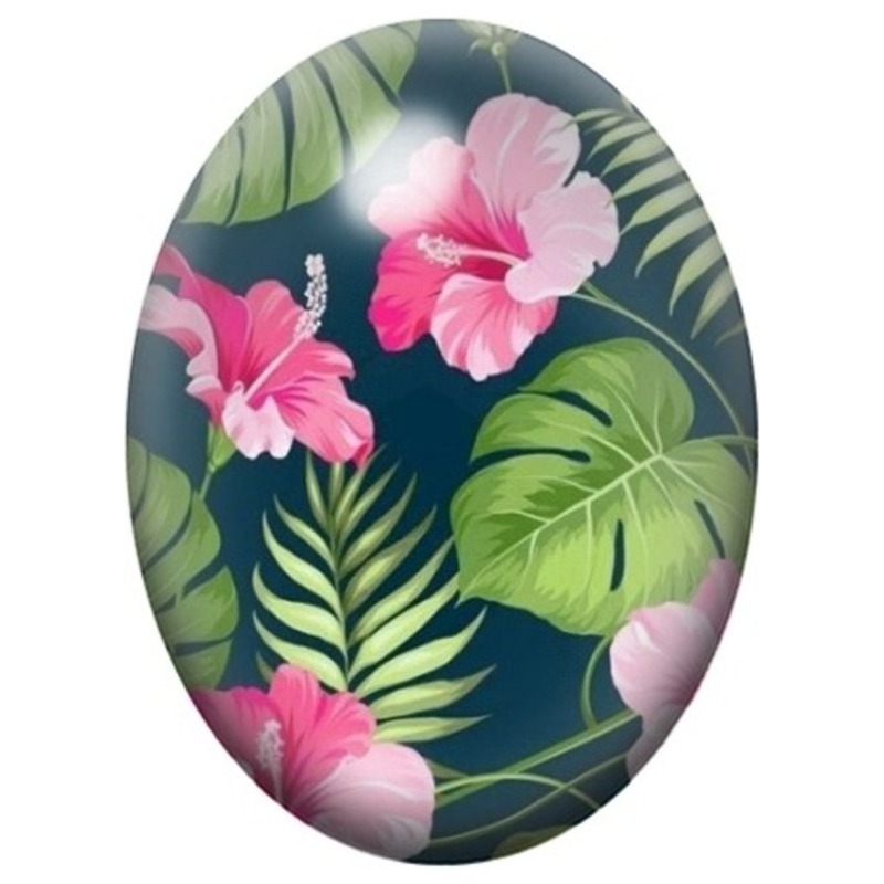 Cabochon en Verre Illustré Hibiscus Roses dans un Feuillage Tropical 13x18, 18x25 ou 30x40mm