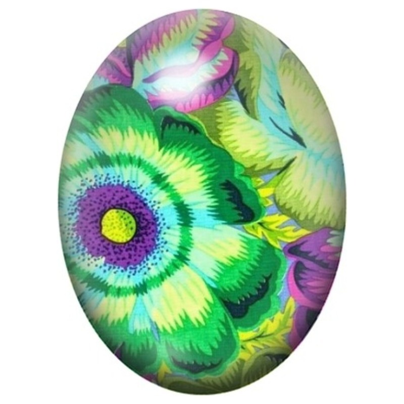 Cabochon en Verre Illustré Fleurs Psychédéliques Vertes et Violettes 13x18, 18x25 ou 30x40mm