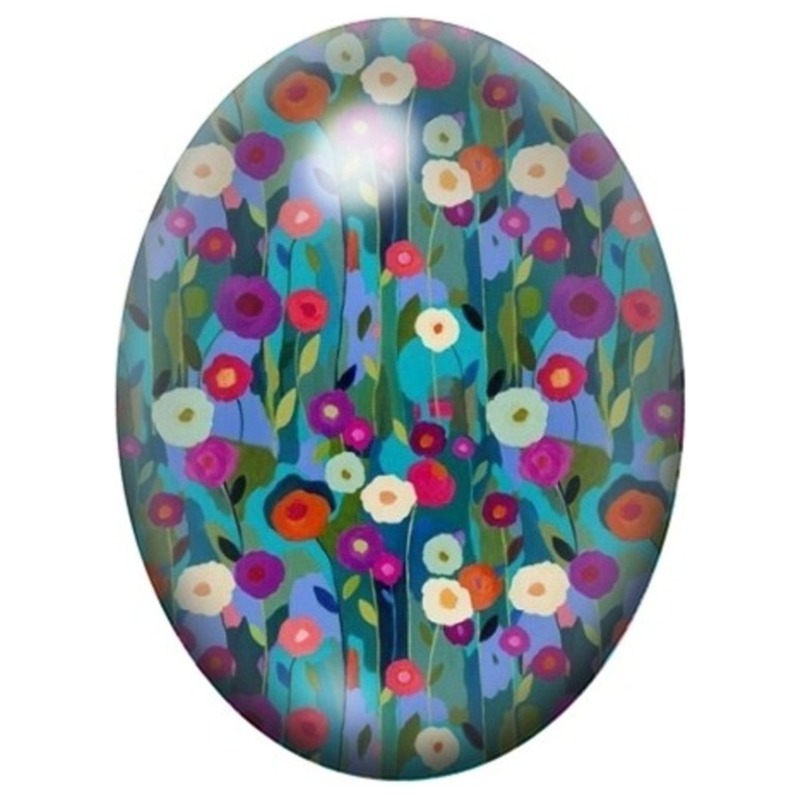 Cabochon en Verre Illustré Fleurs Pop sur Tiges Turquoise 13x18, 18x25 ou 30x40mm