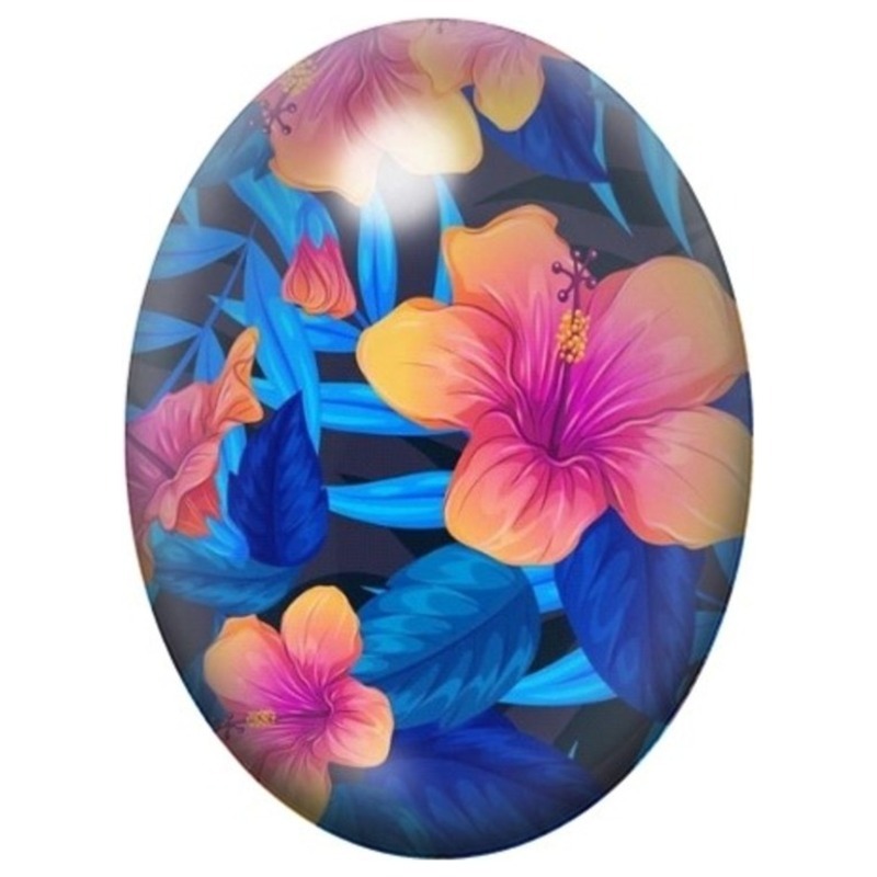Cabochon en Verre Illustré Hibiscus Roses sur Feuillage Bleu Électrique 13x18, 18x25 ou 30x40mm