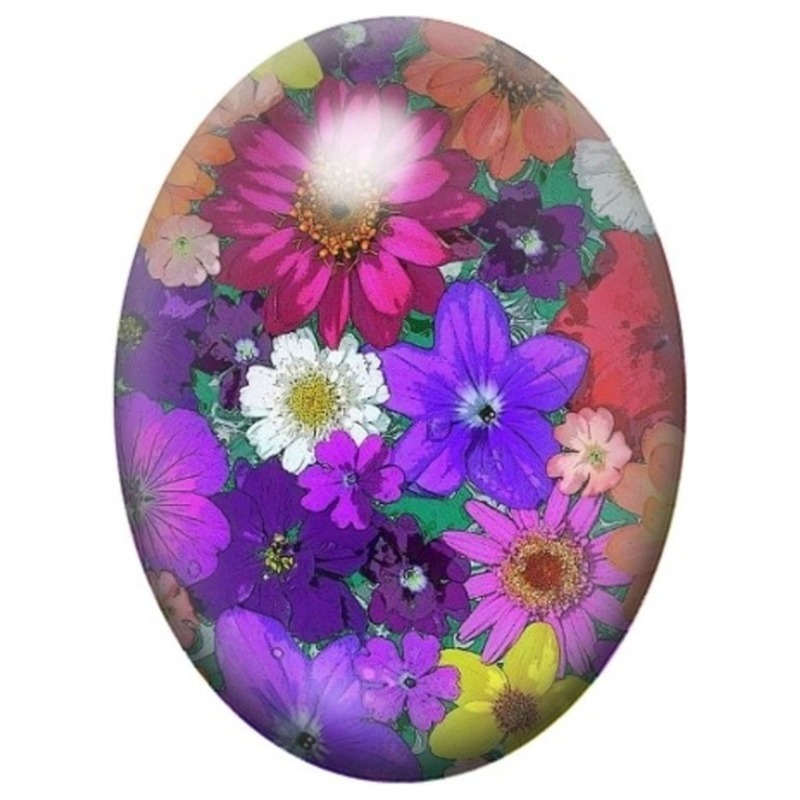 Cabochon en Verre Illustré Bouquet de Fleurs Violettes et Roses 13x18, 18x25 ou 30x40mm
