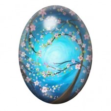 Cabochon en Verre Illustré Fleurs de Cerisier sous une Lune Turquoise 13x18, 18x25 ou 30x40mm pour la création de bijoux fantais