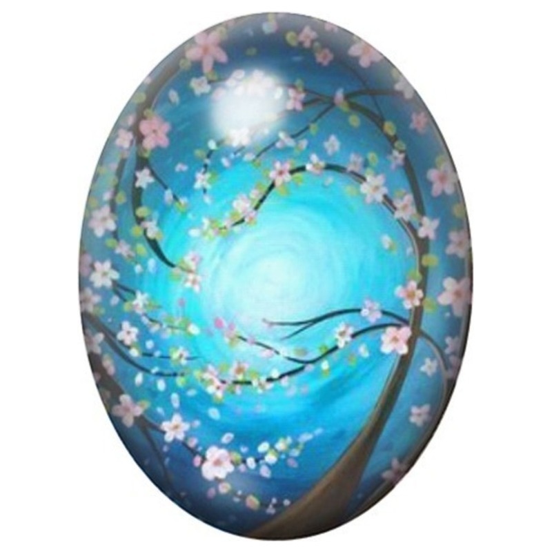 Cabochon en Verre Illustré Fleurs de Cerisier sous une Lune Turquoise 13x18, 18x25 ou 30x40mm