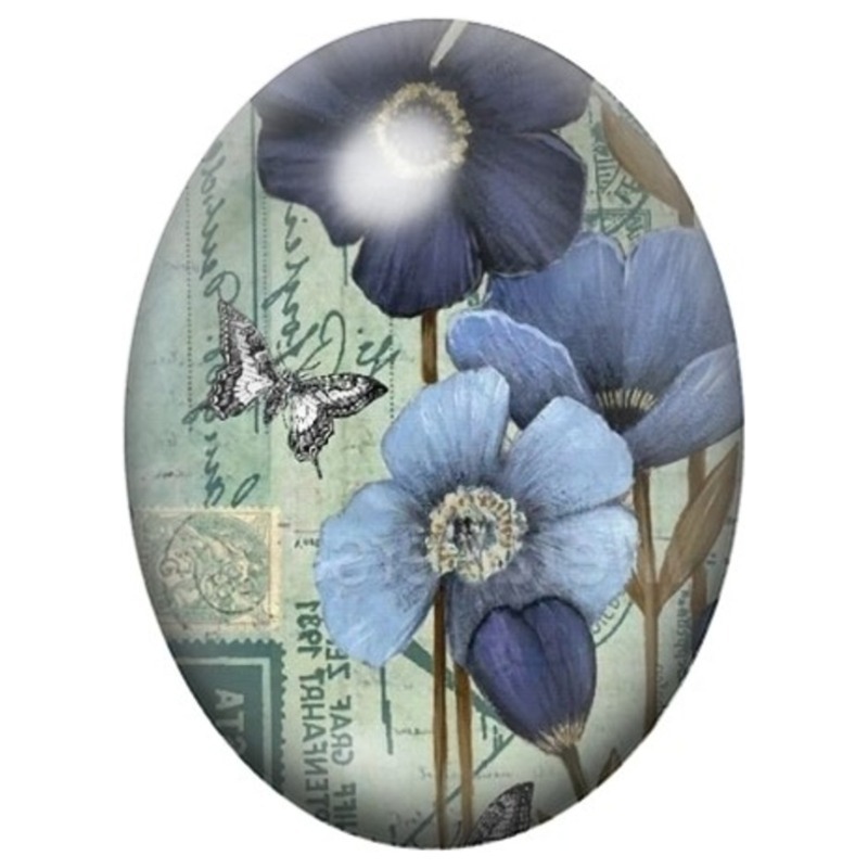 Cabochon en Verre Illustré Fleurs Bleues sur Lettre Ancienne 13x18, 18x25 ou 30x40mm