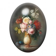 Cabochon en Verre Illustré Bouquet de Roses Anciennes dans un Vase 13x18, 18x25 ou 30x40mm pour la création de bijoux fantaisie 