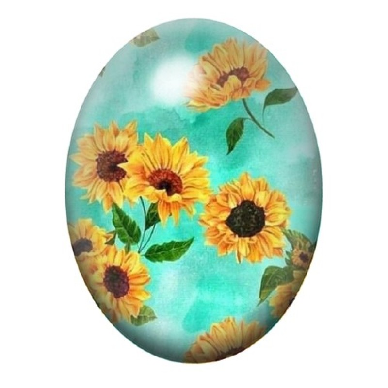 Cabochon en Verre Illustré Branche de Tournesols sur Fond Turquoise 13x18, 18x25 ou 30x40mm