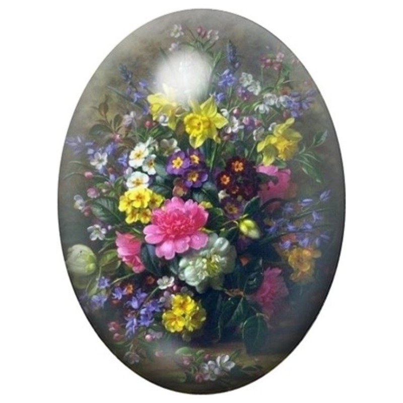 Cabochon en Verre Illustré Bouquet Champêtre Multicolore sur Fond Sombre 13x18, 18x25 ou 30x40mm