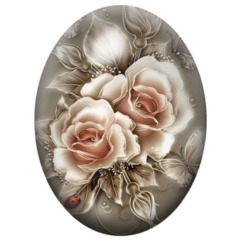 Cabochon en Verre Illustré Roses Ivoire sur Fond Taupe 13x18, 18x25 ou 30x40mm