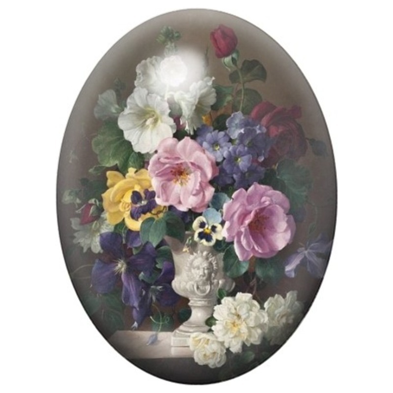 Cabochon en Verre Illustré Bouquet de Fleurs Mauves et Blanches 13x18, 18x25 ou 30x40mm