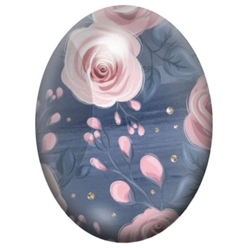Cabochon en Verre Illustré Roses Poudrées et Pétales sur Fond Bleu 13x18, 18x25 ou 30x40mm