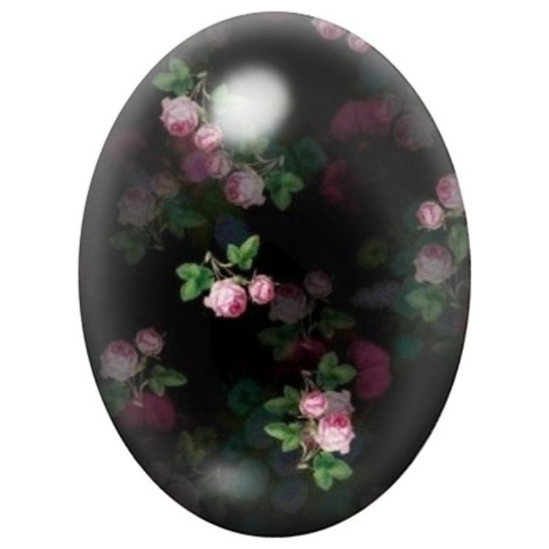 Cabochon en Verre Illustré Couronne de Petites Roses sur Fond Noir 13x18, 18x25 ou 30x40mm