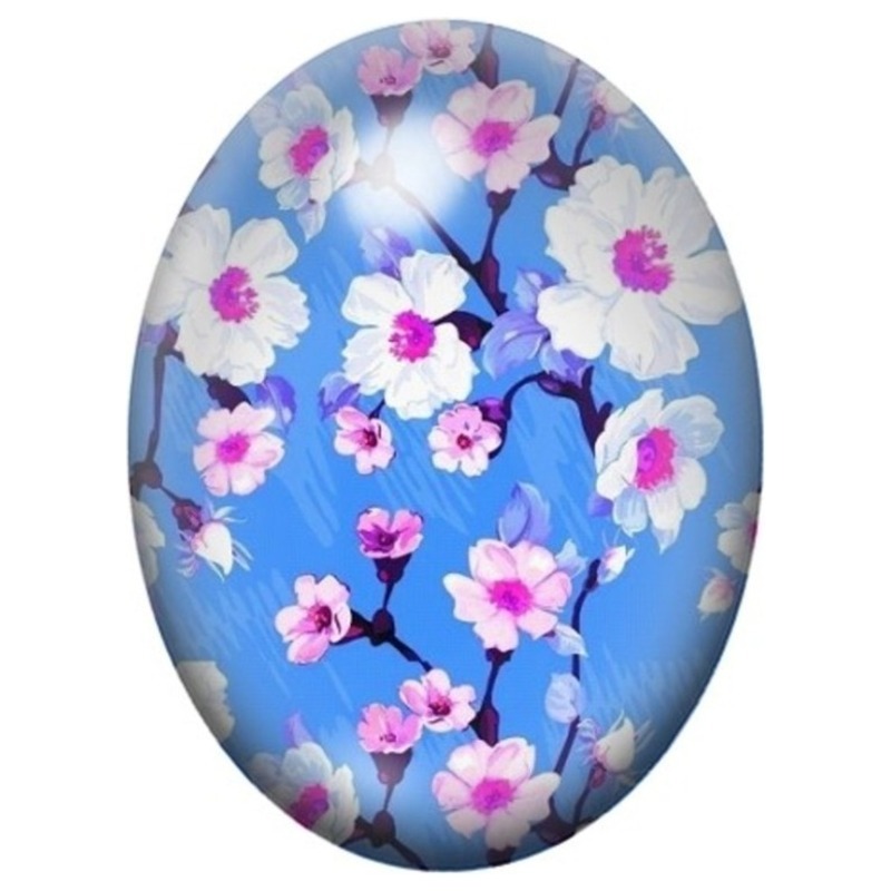 Cabochon en Verre Illustré Fleurs de Cerisier Roses sur Fond Bleu 13x18, 18x25 ou 30x40mm