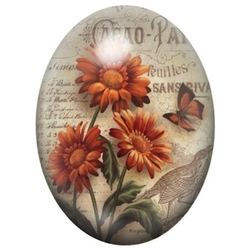 Cabochon en Verre Illustré Marguerites Orange sur Manuscrit Vintage 13x18, 18x25 ou 30x40mm