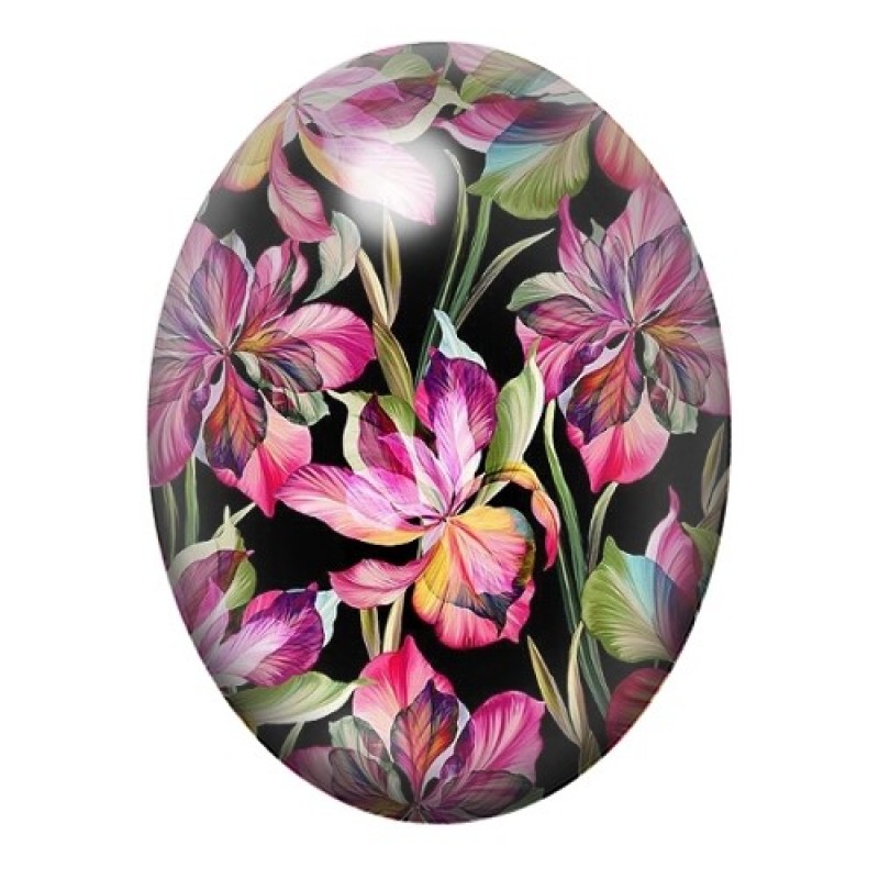 Cabochon en Verre Illustré Fleurs de Lys Roses sur Fond Noir 13x18, 18x25 ou 30x40mm