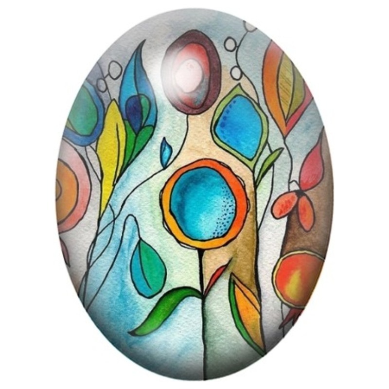 Cabochon en Verre Illustré Fleurs Vitrail Turquoise et Orange 13x18, 18x25 ou 30x40mm