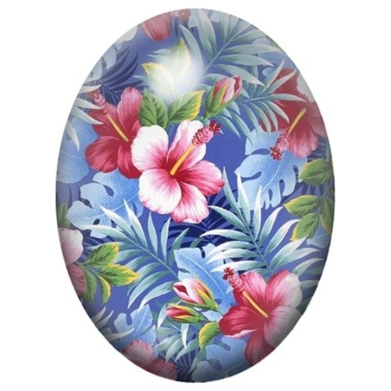 Cabochon en Verre Illustré Hibiscus Roses dans un Feuillage Bleu 13x18, 18x25 ou 30x40mm