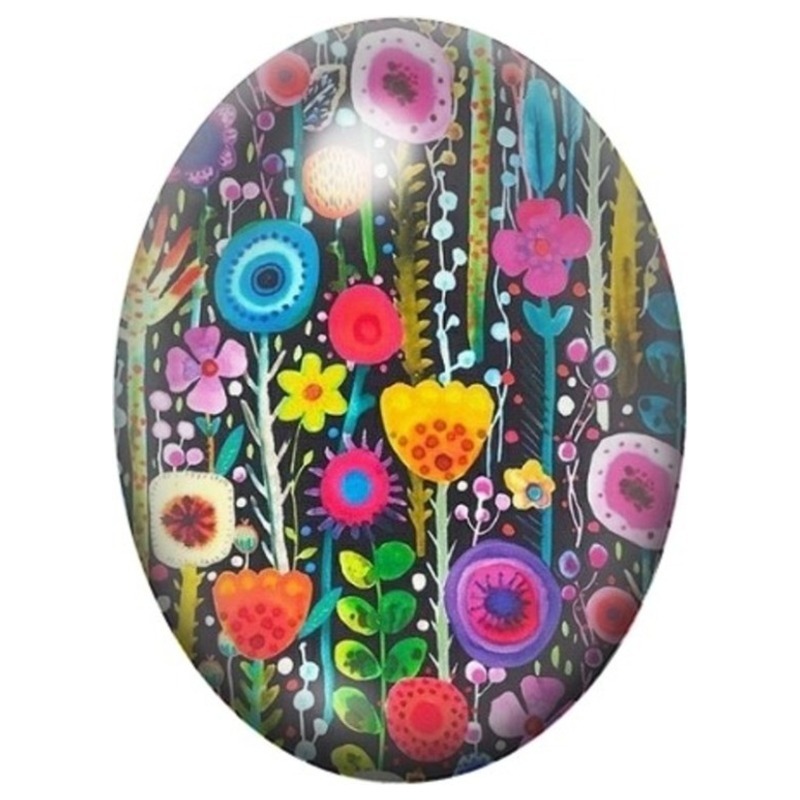 Cabochon en Verre Illustré Jardin Pop aux Tiges Noires 13x18, 18x25 ou 30x40mm
