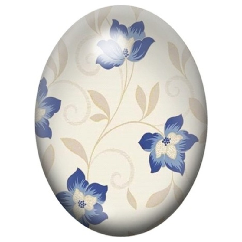 Cabochon en Verre Illustré Fleurs Bleues et Arabesques sur Fond Ivoire 13x18, 18x25 ou 30x40mm