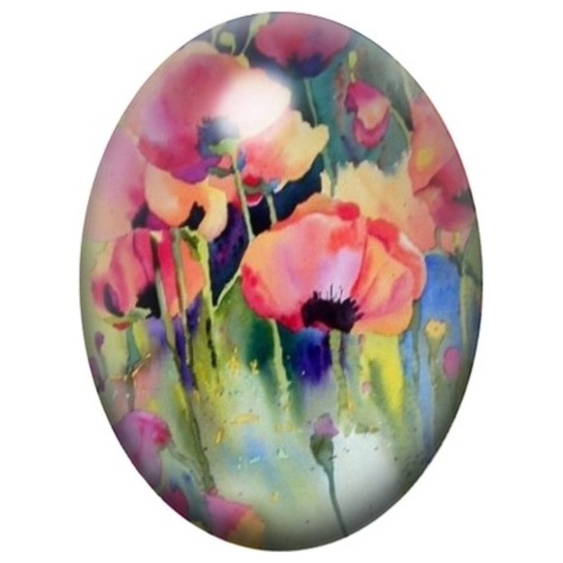 Cabochon en Verre Illustré Coquelicots Aquarelle Roses et Orange 13x18, 18x25 ou 30x40mm