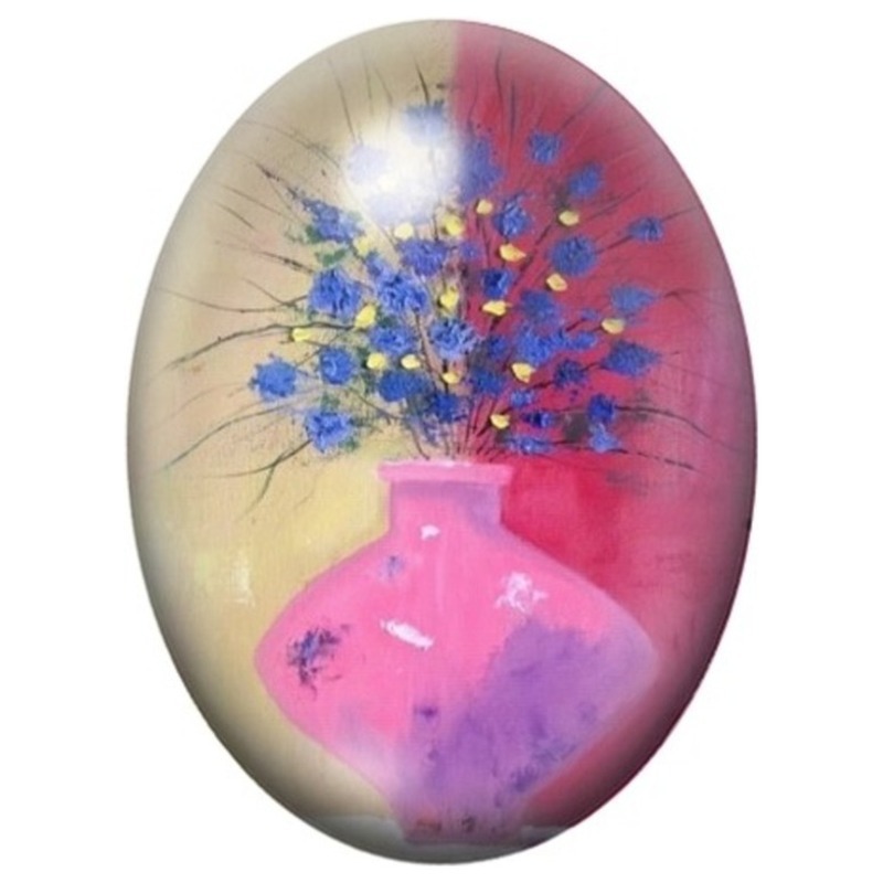 Cabochon en Verre Illustré Bouquet Abstrait dans un Vase Rose 13x18, 18x25 ou 30x40mm