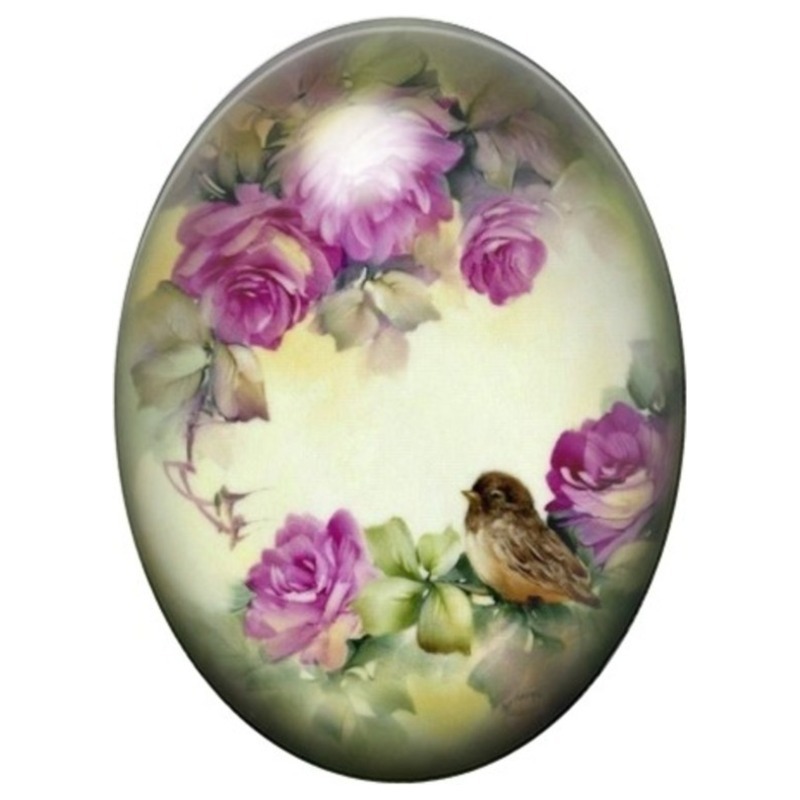 Cabochon en Verre Illustré Oiseau parmi les Roses Mauves 13x18, 18x25 ou 30x40mm