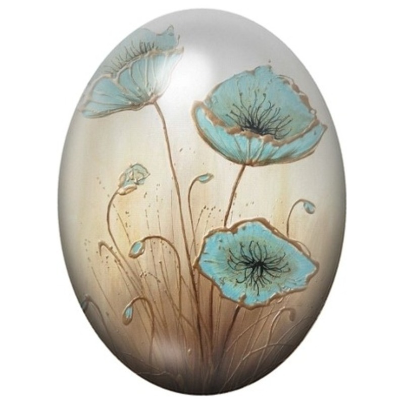 Cabochon en Verre Illustré Coquelicots Turquoise sur Fond Beige 13x18, 18x25 ou 30x40mm