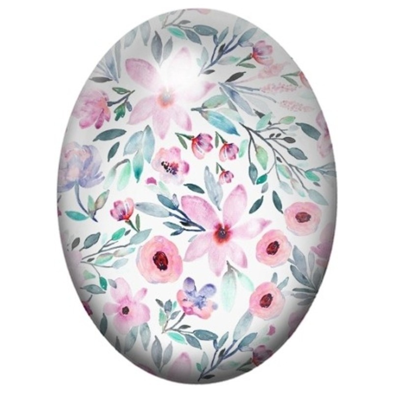 Cabochon en Verre Illustré Couronne de Fleurs Roses et Feuillage 13x18, 18x25 ou 30x40mm
