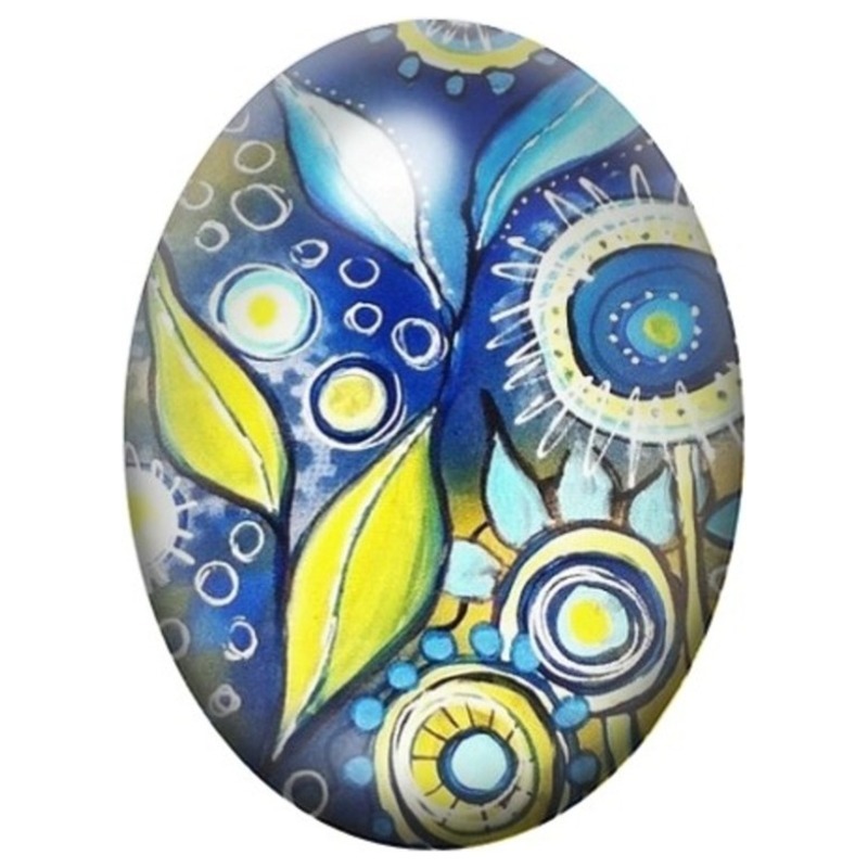 Cabochon en Verre Illustré Fleurs Abstraites Bleues et Jaunes 13x18, 18x25 ou 30x40mm