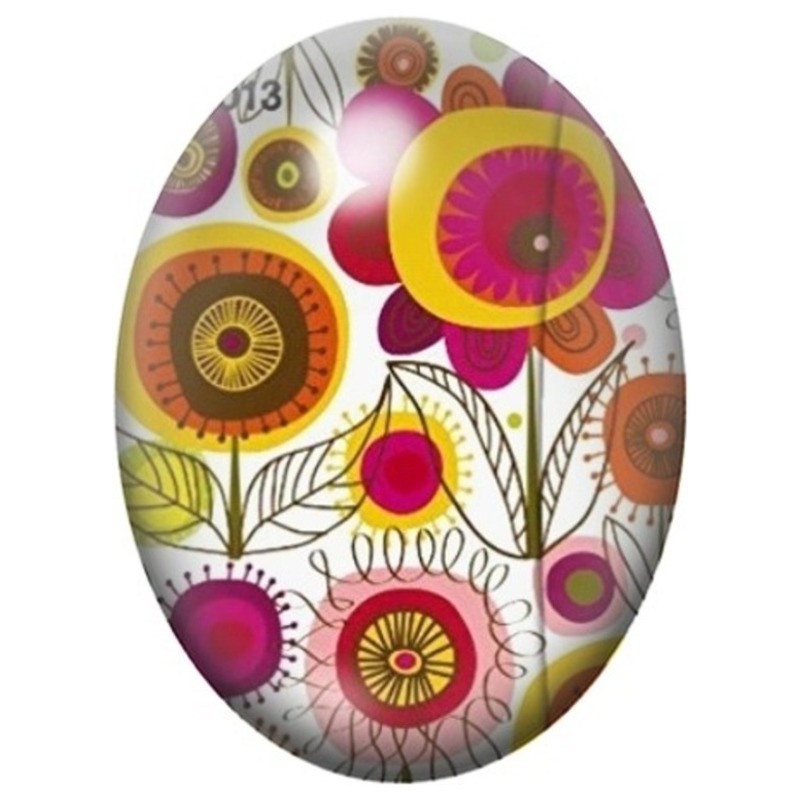 Cabochon en Verre Illustré Fleurs Rondes Rétro sur Fond Ivoire 13x18, 18x25 ou 30x40mm