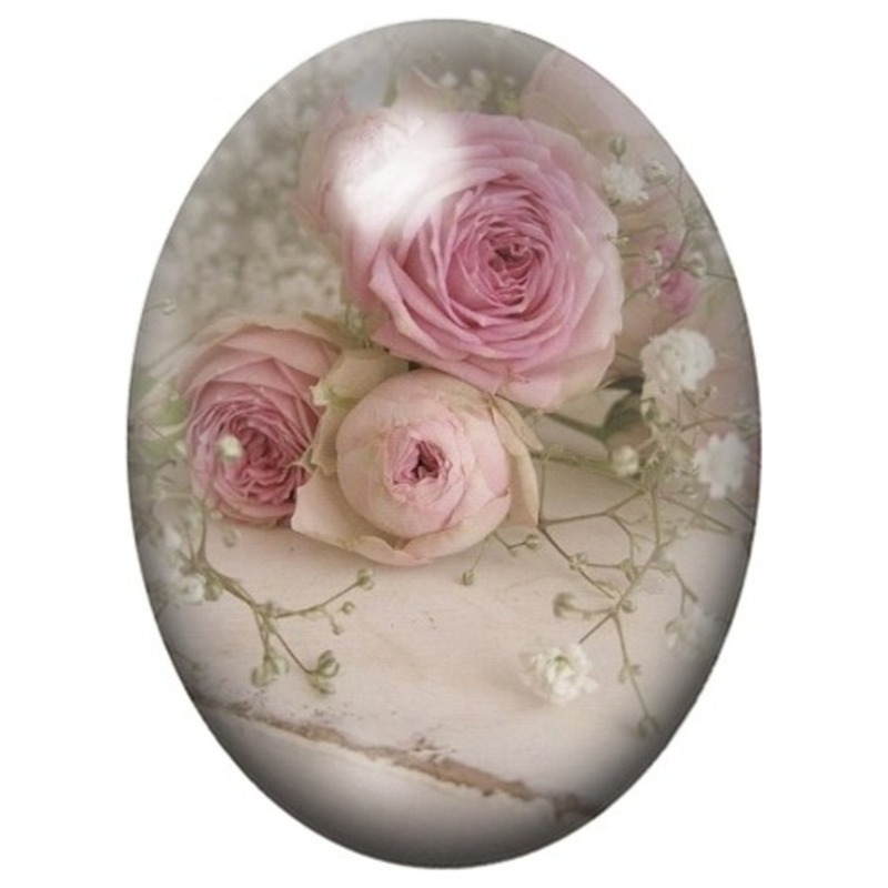 Cabochon en Verre Illustré Roses Poudrées et Fleurs de Gypsophile 13x18, 18x25 ou 30x40mm