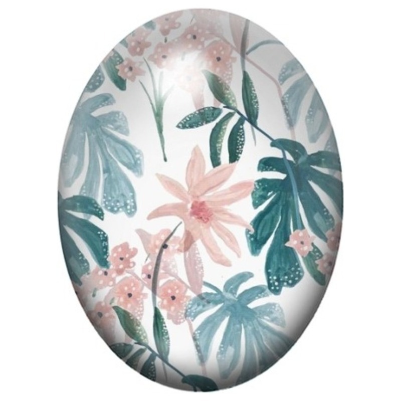 Cabochon en Verre Illustré Fleurs Pastel dans un Feuillage Bleu 13x18, 18x25 ou 30x40mm