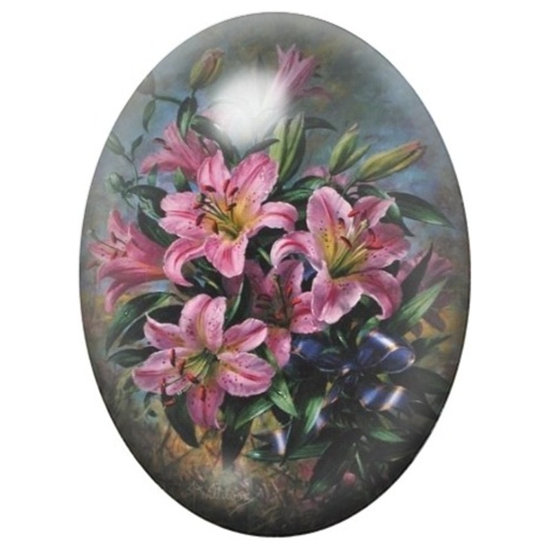 Cabochon en Verre Illustré Lys Roses sur Fond Sombre 13x18, 18x25 ou 30x40mm