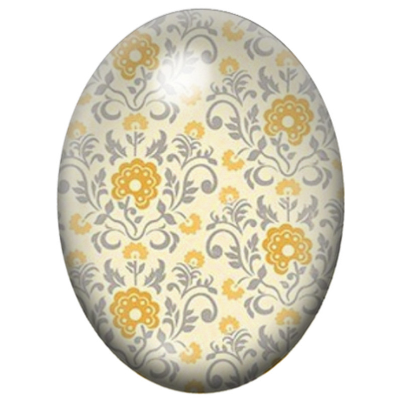 Cabochon en Verre Illustré Fleurs Ornementales Jaunes sur Fond Ivoire 13x18, 18x25 ou 30x40mm